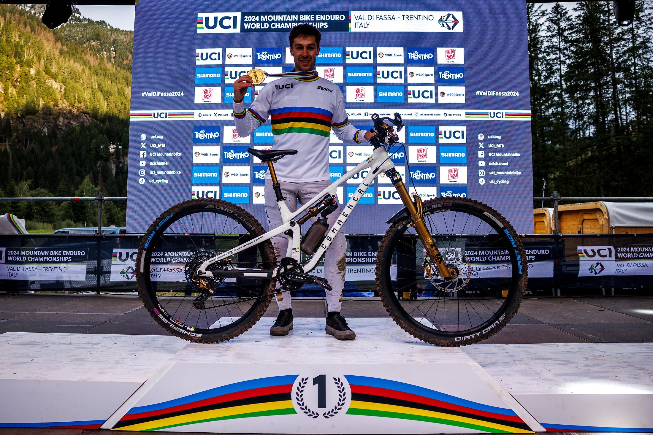 Alex Rudeau at Enduro World Championships podium with bike with TRP break and drivetrain
