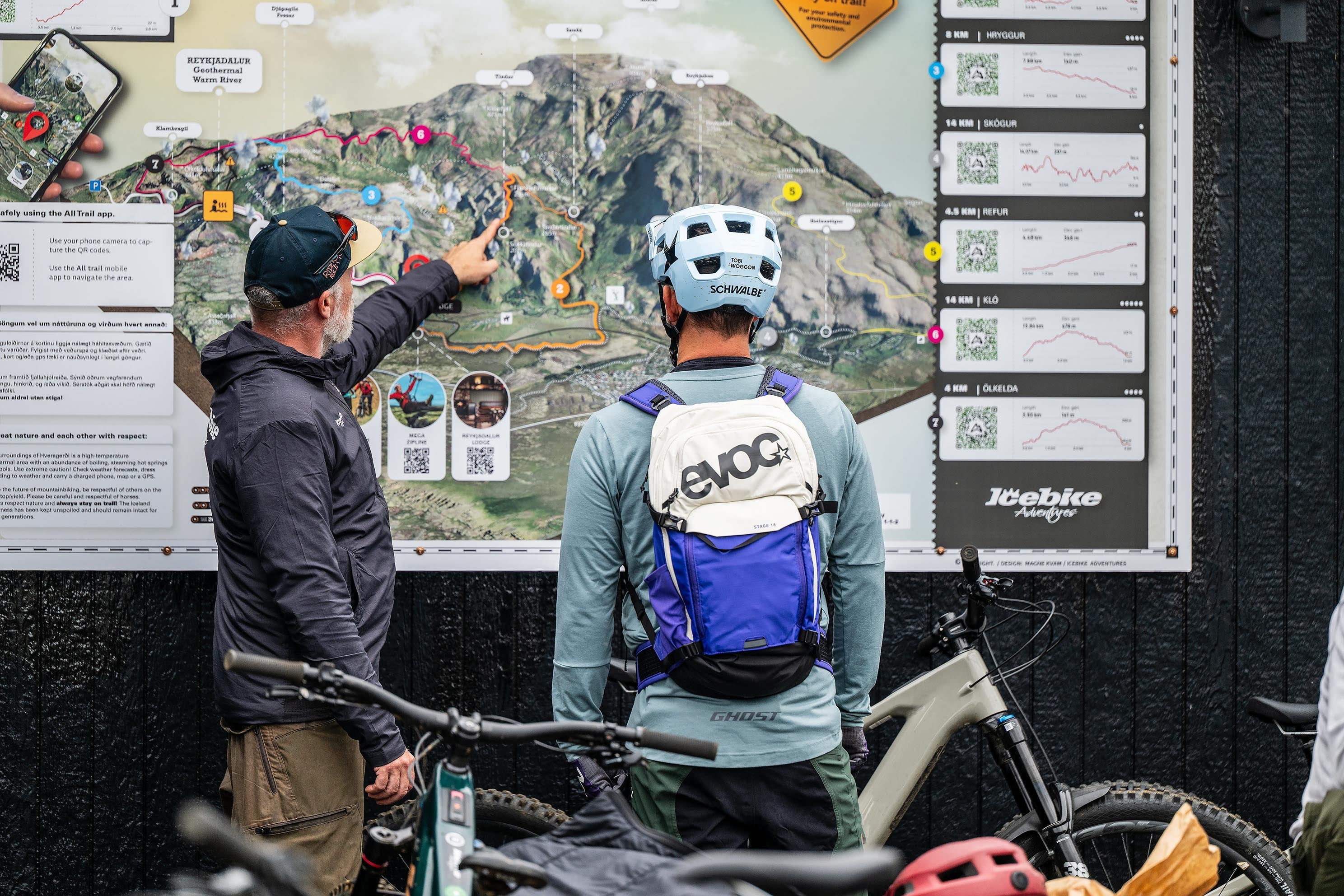 Two cyclists looking at a mountain bike trail map on a hut in iceland.