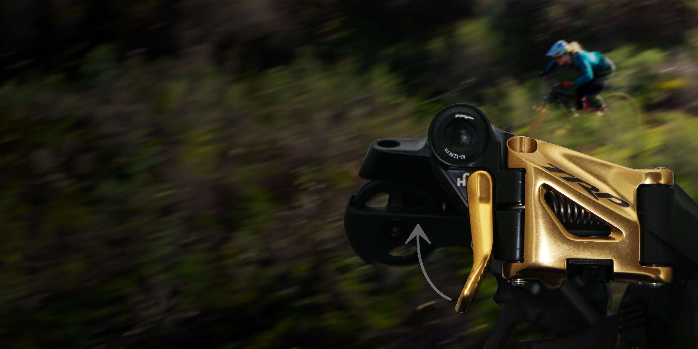 Close-up of TRP EVO 12-speed derailleur Hall Lock lever mechanism for precise mountain bike gear shifting