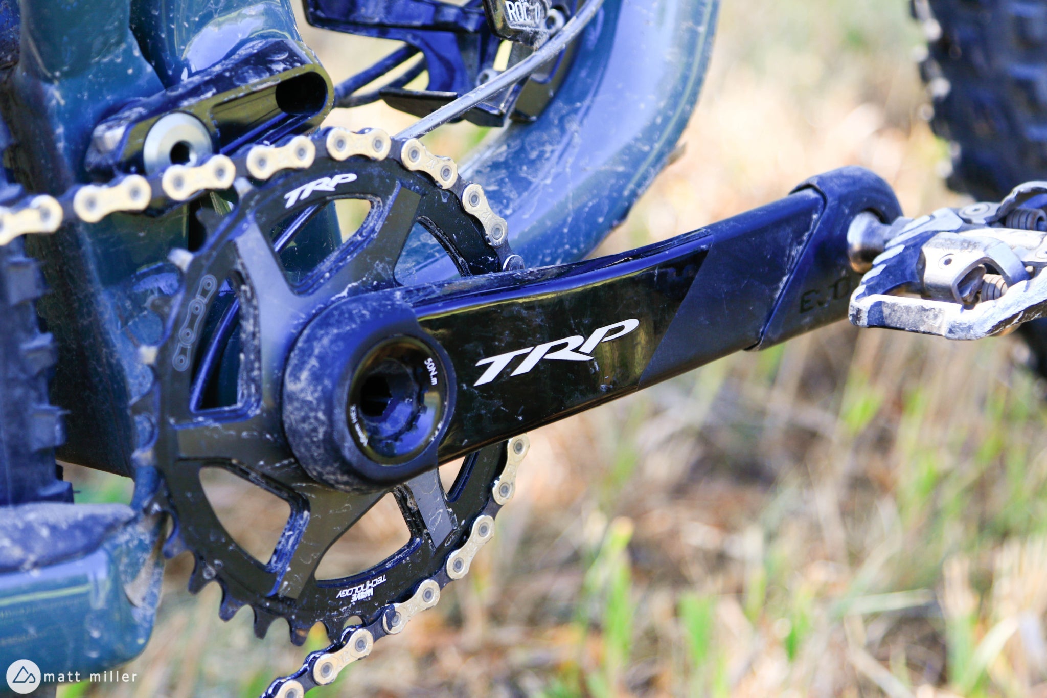 close‑up of TRP EVO 12 12‑speed drivetrain MTB crank and chainring