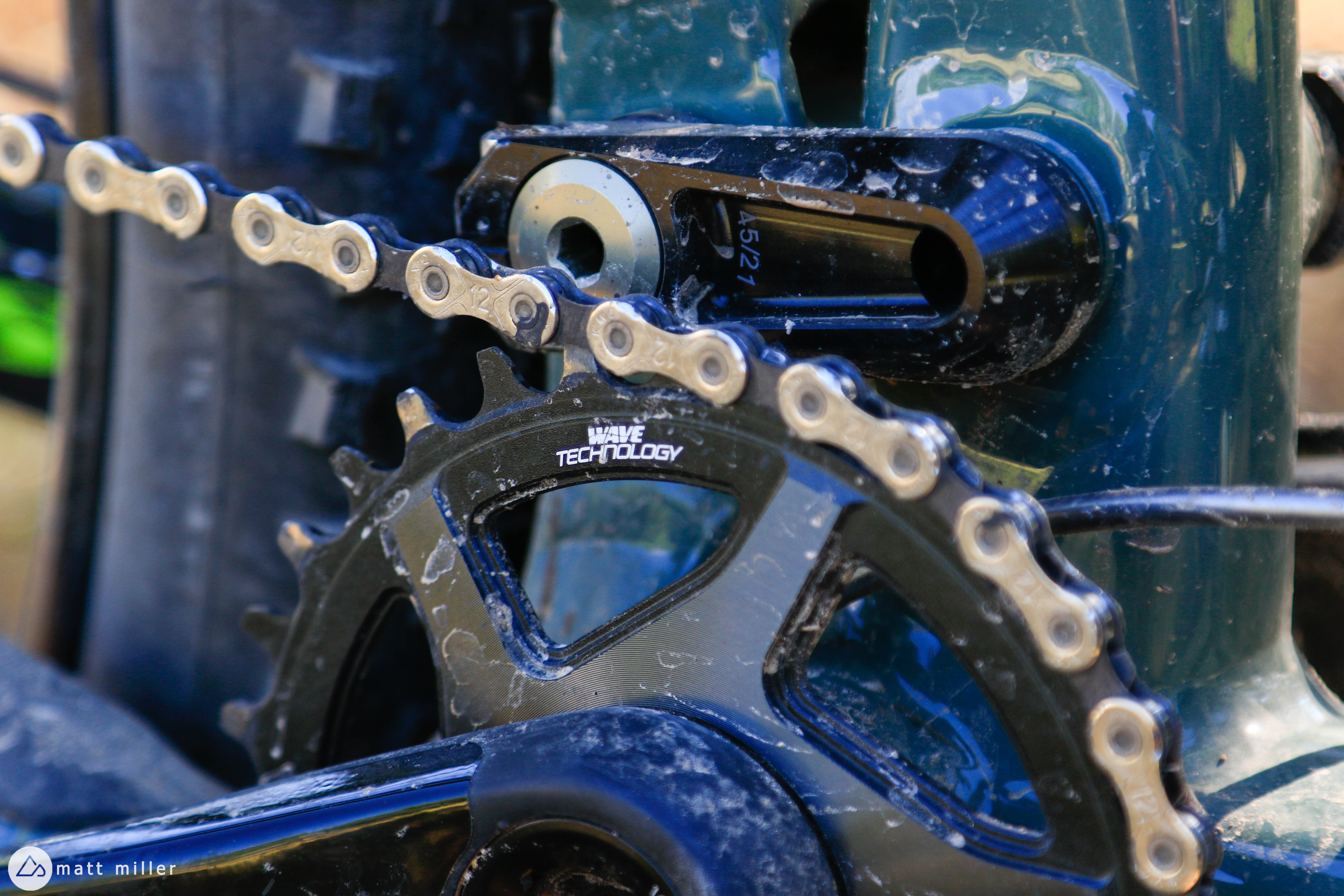 Close up of TRP EVO 12 chainring mounted on a mountain bike