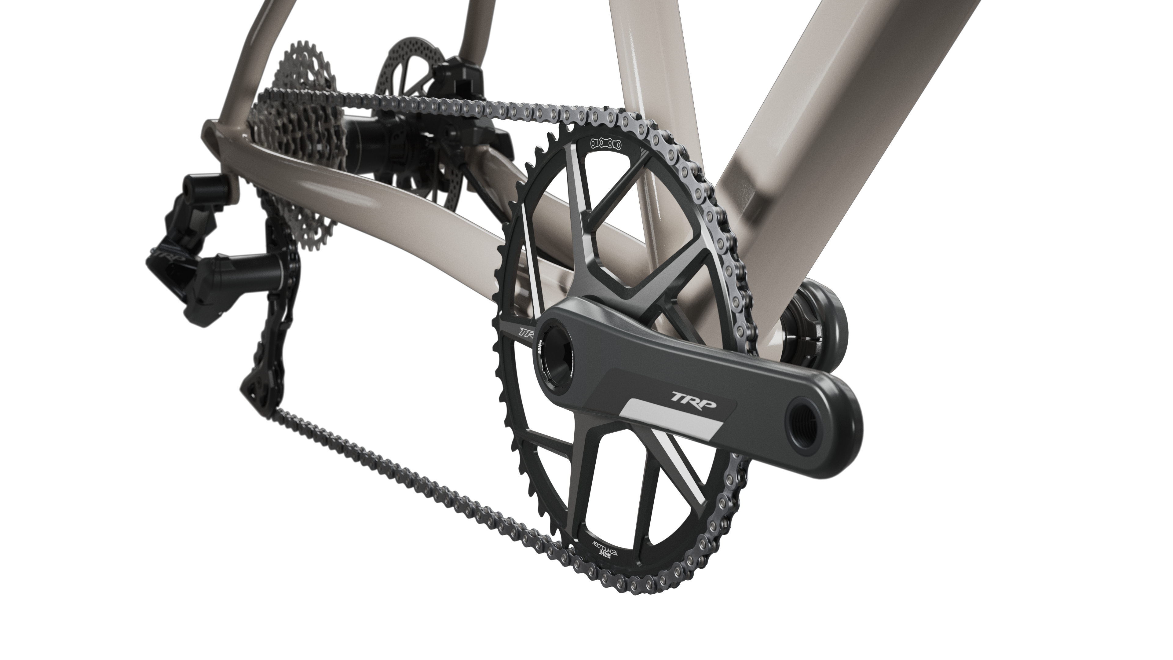 Close-up of a bicycle chain and gear system on a white background