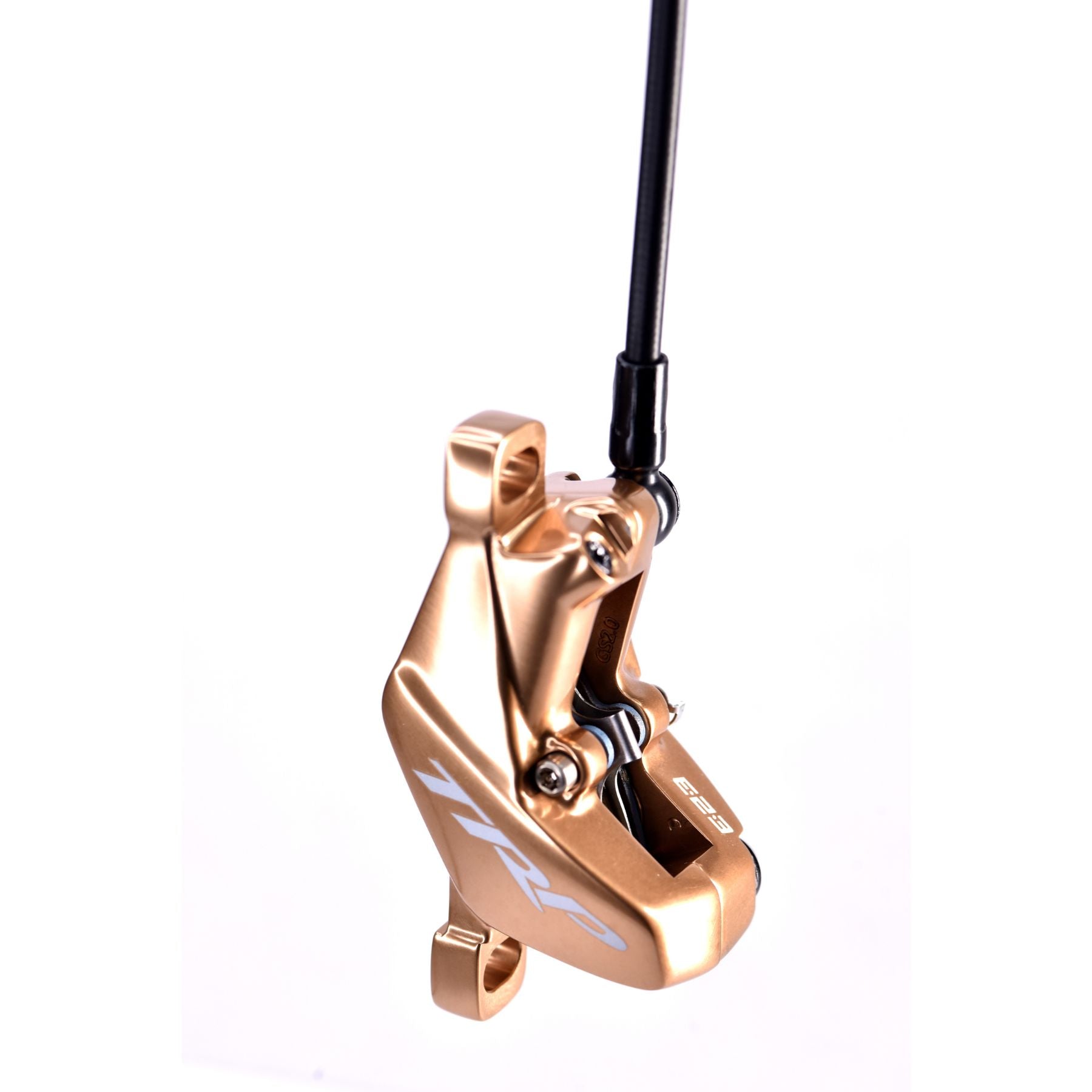 Rose gold brake TRP bike brake caliper on a white background