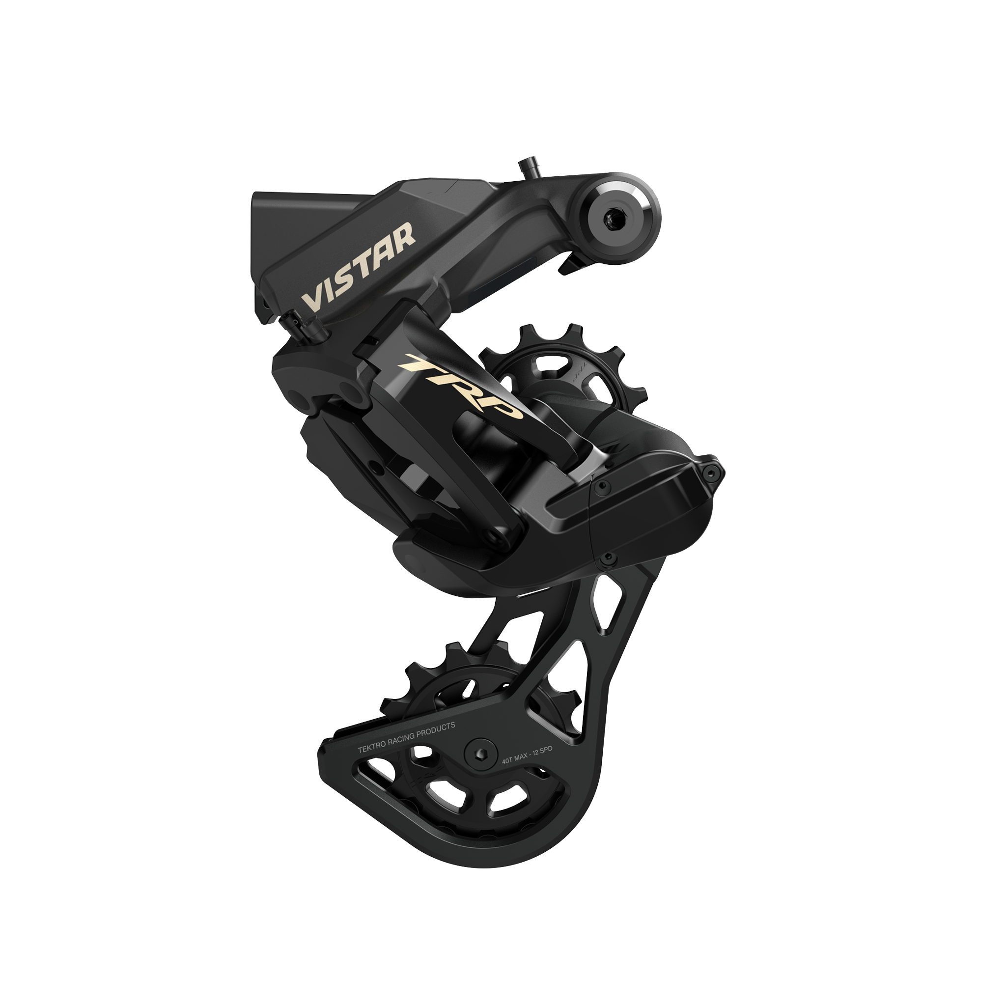 A black Vistar rear derailleur for gravel bicycles, featuring a high-torque, low-power motor designed for efficient and precise gear changes.