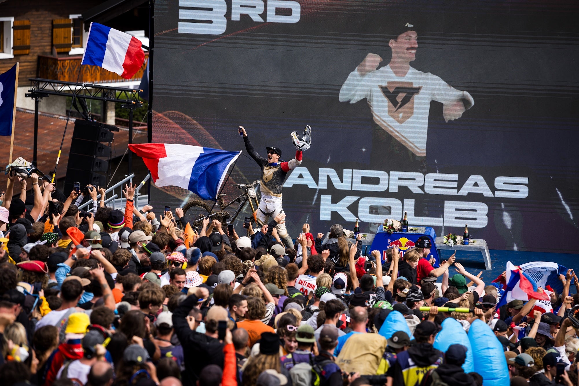 TRP Team Rider Andreas Kolb celebrating 3rd on a stage in France