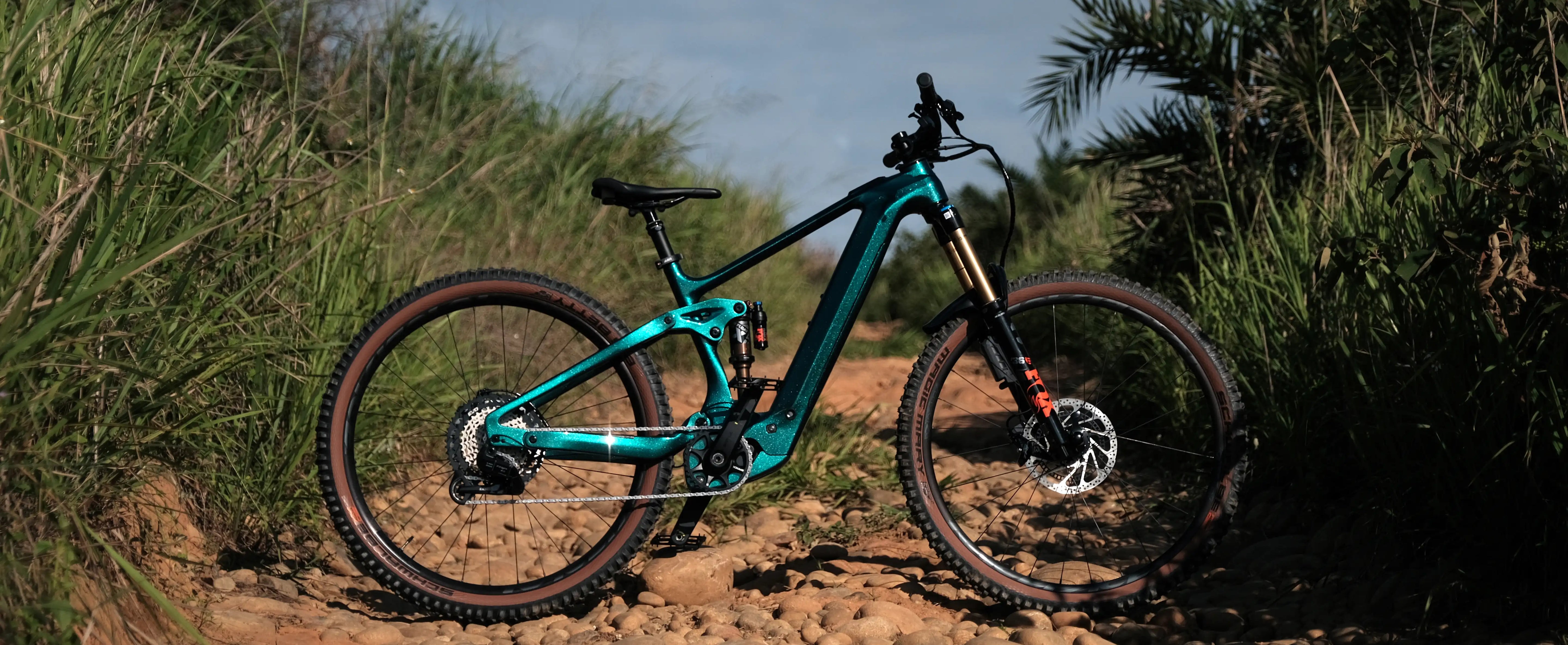 TRP EASI A12 drivetrain with Bosh ePower technology for electric automatic shifting on an eBike free standing on a rocky trail